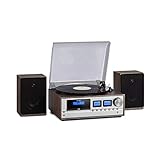 auna Oxford Retro-Stereoanlage - DAB+, FM Radiotuner, 2 Lautsprecher mit 20 W max. Bluetooth, Plattenspieler, Riemenantrieb mit 33, 45, 3 Geschwindigkeiten, MP3-fähigen CD-Player, AUX-In, Dunkelgrau