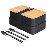 VBOK IGFE Bento Box Japanisch - Brotdose mit Fächern -3 teiligem Besteck- Lunchbox mit Bambusdeckel für die Schule und Arbeit für Kinder & Erwachsene
