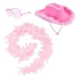 Cowboyhut für Damen, 3 Stück Filz Cowboyhut Cowgirl Hut mit Federschal Herzbrille Damen Cowboy Hut Wilder Westen Kostü Westernhut Schwarze Federboa Brauner Tüllrock