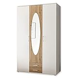 Stella Trading Kassel Kleiderschrank mit Spiegeltür in Weiß, Artisan Eiche Optik - Vielseitiger Drehtürenschrank 3-türig für Ihr Schlafzimmer - 120 x 195 x 55 cm (B/H/T)