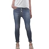 Jewelly Damen Stretch Jeans| Casual Boyfriend Denim Hose| mit sichtbarer Knopfleiste (Classic Denim, L)