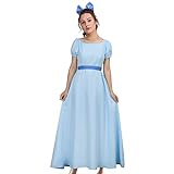 LIKUNGOU Damen Wendy Kostüm Kleid Blau Maxi Prinzessin Cosplay Outfit Schleife Gürtel Halloween Zubehör (XL)