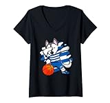 Damen Dabbing Husky Hund Griechenland Basketball Fans Trikot Griechische Sport T-Shirt mit V-Ausschnitt