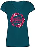 Muttertagsgeschenk Mama Geschenke - Beste Mama der Welt Blumenkranz - 3XL - Türkis - T-Shirt - XO1525 - Damen T-Shirt mit V-Ausschnitt