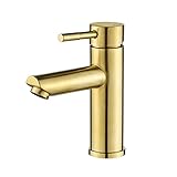 Sanetti Design Waschtischarmatur Gold Gebürstet - Einhand Waschtischbatterie aus Hochwertigem Messing - Wasserhahn mit 10cm Hohem Auslauf - Antibakteriell und Antikorrosiv