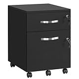 VASAGLE Rollcontainer, abschließbar, Aktenschrank mit 2 Schubladen, 5 Rollen, verstellbare Hängestangen, für Hängeregistratur im A4- und Letter-Format, tintenschwarz LCD22BV1