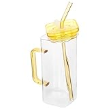Kichvoe 1 Set Quadratischer Glasbecher Mit Griff Wasserflasche Mit Strohhalm Deckel Versiegeltes Glas Kaffeebecher Eisteebecher Oder Wassersaft Biergetränke Gelb