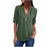 Chiffon Bluse Damen Elegant - Langarmshirt V-Ausschnitt Tunika Half Zip Longbluse Große Größen Tshirt Langarm Tops Leichte Oberteile Locker T Shirt Einfarbig T-Shirts für Frauen Saum Pulli S-5XL