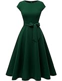 DRESSTELLS Damen elegant 50er Jahre Vintage Kleid Retro Cocktailkleid Rundausschnitt Abendkleid kurz DarkGreen L