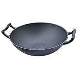 TAINO Wok Pfanne aus Gusseisen Ø 33 cm Wokpfanne mit zwei Griffen Gusseisenpfanne Gasgrill Holzkohlegrill Bratpfanne Schw