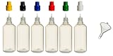6 Stück 100 ml PP-Flaschen MIT FARBIGEN DECKELN + Füll-Trichter - Quetschflasche Leerflasche Kunststofflasche Plastikflasche Spritzflasche quetschbar zum befüllen und mischen auch Liquide