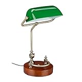 Relaxdays Bankerlampe, neigbarer Glasschirm, Holzfuß, E27-Fassung, Schreibtischlampe Retro, Bibliothekslampe, grün-braun