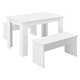 [en.casa] Tisch- und Bank Set 3 teilig Essgruppe für 4 Tisch 110 x 70 cm mit 2 Bänken Tischgruppe Sitzgruppe Weiß