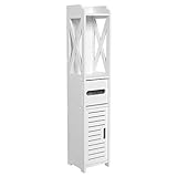 Badschrank Schmal, Badezimmerschrank Hochschrank Bad Badkommode mit Schublade Türen, 80 x 15.5 x 15 cm, Weiß