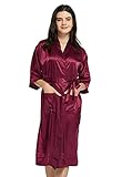 Westkun Damen Morgenmantel Bademantel Satin Sexy V-Ausschnitt Kimono Lange Robe mit Taschen Nachthemd für Braut Nachtwäsche Schlafanzug 3/4 Arm(Burgund,XXL)