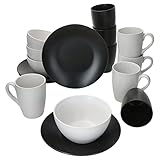 MamboCat Nero Bianco 12-tlg. Teeset I 4 Personen I weißes & schwarzes Geschirr, matt I 4x Kuchenteller, 2x Kaffeebecher mit und 2x ohne Henkel, 4x Müslischalen I Steingut I Black & White I Bowl, Mug