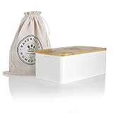 LARS NYSØM Brotkasten I Brotbox aus Metall mit Brotsack aus Leinen für langanhaltende Frische I Brotdose mit hochwertigem Bambusdeckel verwendbar als Schneidebrett I 34x18.5x13.5cm (Weiß)