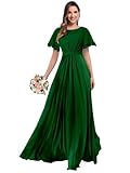 SPSMOKH Brautjungfernkleid aus Chiffon mit Wasserfallkragen, mit Ärmeln, gerafftes langes Brautkleid (B-2, 28)