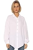 SASSYCLASSY Oversize Musselin Bluse Damen Langarm in Weiß - Oversized Freizeit Look - Hemdbluse lang aus Baumwolle mit V Ausschnitt - One Size (Gr. 36-48)