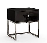 LUK Furniture | Blanco Glamour mit Chromgestell und schwarz Kristallgriff | Nachttisch | Nachtschrank mit Einer Schublade | Tisch | Schlafzimmer | Bett | Modern | 45 x 38 x 53 cm