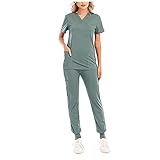 Graceyo Damen 2-Teiliges Kasacks Set Medizinische Uniform Outfits mit Kasack und Hose Pflege Berufsbekleidung V-Ausschnitt Schlupfkasack+Schlupfhose Pflegeuniform Laborkittel Einfarbig, Minzgrün, M