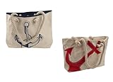 Strand- & Shopping-Tasche aus Baumwolle mit Reißverschluss im maritimen Design - Mit Anker-Motiv & Trageriemen aus geschlagenem Tauwerk, Badetasche Einkaufstasche Tragetasche Farbe R