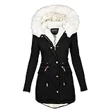 SilkTem Winterjacke Damen Schwarz Mit Fell | Weiß Teddyfell Gefütterte Winterparka Tunika Fleecejacke Elegant Schmale Outdoor-Plüschjacke Lässig Dicker Steppmantel mit Pelzkragen(Schwarz,5XL)
