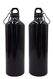 BURI 2X Alu Trinkflasche 1Liter schwarz glänzend Karabiner Wasserflasche Sportflasche