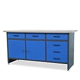 Werkbank mit Arbeitsplatte Werktisch mit 6 Schubladen 2 Schließfächer Verstellbare Füße MDF-Arbeitsplatte Belastbar bis 500 kg Metall 170 cm x 60 cm x 85 cm Anthrazit-Blau