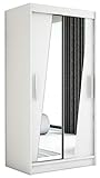 Kryspol Schwebetürenschrank Rhomb 100 cm mit Spiegel Kleiderschrank mit Kleiderstange und Einlegeboden Schlafzimmer- Wohnzimmerschrank Schiebetüren Modern Design (Weiß)