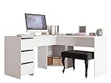 Eckschreibtisch Ziongo mit 3 Schubladen und Fächer, symmetrisch Schreibtisch, Winkelschreibtisch, Arbeitstisch, Computertisch, Bürotisch, Kinderschreibtisch (Weiß)