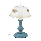 Relaxdays Tischlampe, Vintage Blumenmuster, Landhaus Stil, E27, Nachttischlampe, HxD: 43x28 cm, Holz, Glas, weiß/grau