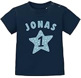 SpecialMe® personalisiertes Baby T-Shirt Name und Zahl 1 zum ersten Geburtstag Motiv Stern Junge/Mädchen Jungen dunkelblau 80/86 (10-15 Monate)