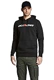Herren Jack & Jones Corp Logo Sweat Hood Kapuzen Sweatshirt Basic Jumper Reg Fit, Farben:Schwarz, Größe Pullover:L