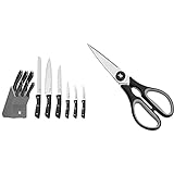 WMF Messerblock mit Messerset 7-teilig, Küchenmesser Set mit Messerhalter, 6 scharfe Messer, Holz-Block lackiert & Touch Küchenschere 21 cm, Haushaltsschere mit Sägeschliff, schwarz