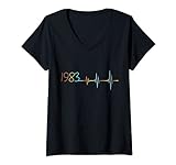 Damen Herzschlag 1983 Geburtstag Mann Retro Heartbeat EKG Vintage T-Shirt mit V-Ausschnitt