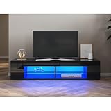 SONNI TV Schrank Lowboard mit LED-Beleuchtung(12 Farben können eingestellt Werden) Fernsehtisch Fernsehschrank Glasböden Schwarz 135x39x30cm GTV003B-BLACK-2