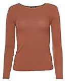 Easy Young Fashion - Damen Basic Rundhals Shirt - Langarm Unterziehshirt - Skinny Fit 1093 - Terracotta XL