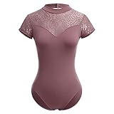 IMEKIS Damen Ballett Trikot Kurzarm Blumenspitze Ballettanzug Einfarbig Gymnastik Trikots mit Abnehmbaren BH-Polster Einteilig Tanz Body Sportlich Rückenfrei Ballerina Tanzkleidung Kostüm Altrosa M