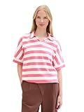 TOM TAILOR Damen Basic Polo-T-Shirt mit Streifen, pink offwhite block stripe, L