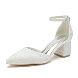 MNVOA Women's Pointed Toe Low Chunky Heels Geschlossene Zehe Floral Spitze Hochzeit Kleid Pumpe Schuhe,Weiß,42 EU