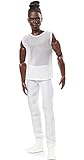 Barbie GXL14 - Signature Looks Puppe Ken (brünett mit geflochtenem Haarknoten), bewegliche Modepuppe mit weißem T-Shirt und weißer Hose, Spielzeug ab 6 Jahren
