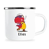 Elias Personalisierte Kindertasse mit Name und lustigem Dinosaurier Motiv Emaille Tasse individuelle Geschenke Kind Geburtstag Junge Mädchen Metallbecher Emailletasse Geschenkidee
