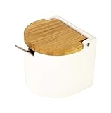 KOOK TIME Keramik Zuckerdose mit Löffel und Deckel aus Bambus -Zuckerlöffel für Haus und Küche, moderne Kugelform, für Zucker, Käse, Gewürze, 9.5 x 9 x 8 cm, Weiß