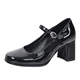 High Heels Hohe Absätze 7cm Dicke Ferse Lackleder Quadratischen Kopf Frauen Schuhe-Black||44