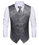 HISDERN Herren Paisley Hochzeitsweste Krawatte Einstecktuch Taschentuch Jacquard Weste Anzug Set Splitter Grau
