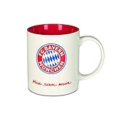 FC Bayern München Tasse Mia San Mia | Bayern München Fanartikel Kaffeebecher 350ml | Becher aus dem FCB Fanshop mit Logo und Mia San Mia Schriftzug | Keramiktasse Weiß für Bayern Supporter [Rot/Weiß]