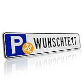 Betriebsausstattung24® Individuelles Parkplatzschild mit Wunschprägung/Wunschtext mit P-Symbol | BxH 52,0 x 11,0 cm | Autoschild Aluminium geprägt | mit/ohne Löcher