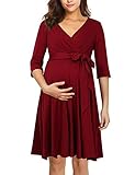 KOJOOIN Damen Umstandskleid Schwangerschafts Kleid für Schwangere Stillkleid V-Ausschnitt Langarm mit Taillengürtel（Verpackung MEHRWEG） Weinrot XL