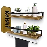 Kelshi Schweberegal Wandregal Küchenregal Schlafzimmer - ideal für Küche Badezimmer Flur Wohnzimmer - Industrial Design mit Handtuchhalter - 100% Echtholz - 2 Stück (Brown)